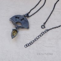 Leaf motif Fan shape Oxidized Silver Black and Gold Pendant Necklace featuring a Smoky Citrine