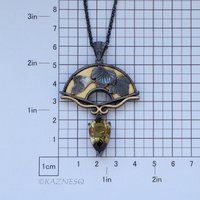 Leaf motif Fan shape Oxidized Silver Black and Gold Pendant Necklace featuring a Smoky Citrine