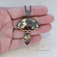 Leaf motif Fan shape Oxidized Silver Black and Gold Pendant Necklace featuring a Smoky Citrine