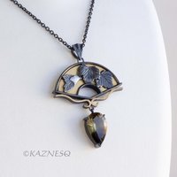 Leaf motif Fan shape Oxidized Silver Black and Gold Pendant Necklace featuring a Smoky Citrine