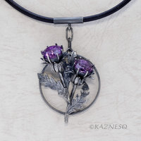Flowers Speak! Oxidized Silver and Amethyst Pendant with Thistle Motif