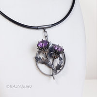 Flowers Speak! Oxidized Silver and Amethyst Pendant with Thistle Motif