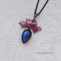 Leaf motif Red Patinated Copper and Blue Labradorite Oxidized Silver Pendant Necklace