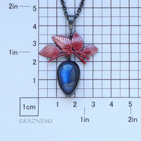 Leaf motif Red Patinated Copper and Blue Labradorite Oxidized Silver Pendant Necklace