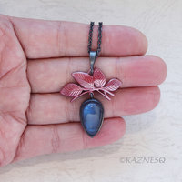Leaf motif Red Patinated Copper and Blue Labradorite Oxidized Silver Pendant Necklace