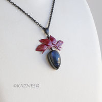 Leaf motif Red Patinated Copper and Blue Labradorite Oxidized Silver Pendant Necklace