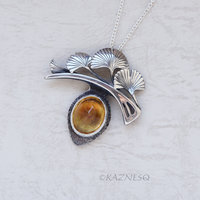 Hail Ginkgo! Silver Necklace with Ginkgo Leaf Motif, Citrine and Mother of Pearl