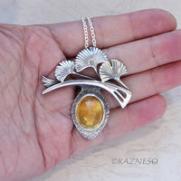 Hail Ginkgo! Silver Necklace with Ginkgo Leaf Motif, Citrine and Mother of Pearl
