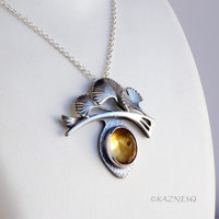Hail Ginkgo! Silver Necklace with Ginkgo Leaf Motif, Citrine and Mother of Pearl