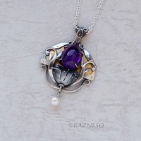 Art Nouveau style Amethyst cab and akoya pearl floral Keum Boo oxidized silver pendant necklace