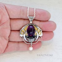 Art Nouveau style Amethyst cab and akoya pearl floral Keum Boo oxidized silver pendant necklace