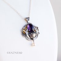 Art Nouveau style Amethyst cab and akoya pearl floral Keum Boo oxidized silver pendant necklace