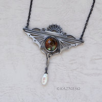 Bold Art Deco! Wing-Inspired Silver Necklace with Citrine lined with Paua Shell