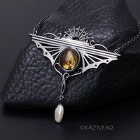 Bold Art Deco! Wing-Inspired Silver Necklace with Citrine lined with Paua Shell