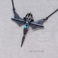 19th Century Romance! Mechanical Design Silver Necklace Inspired by Wings and Domes, with Blue Zircon