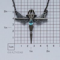 19th Century Romance! Mechanical Design Silver Necklace Inspired by Wings and Domes, with Blue Zircon