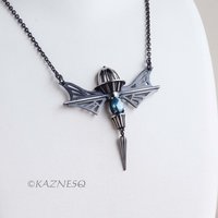 19th Century Romance! Mechanical Design Silver Necklace Inspired by Wings and Domes, with Blue Zircon