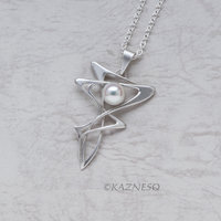 Flowing Art Nouveau! Matte Silver Pendant with Akoya Pearl