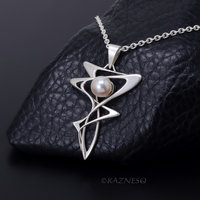 Flowing Art Nouveau! Matte Silver Pendant with Akoya Pearl