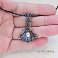 Goth style Black Oxidized Silver Pearl Pendant with Brass Vines