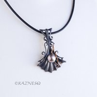 Goth style Black Oxidized Silver Pearl Pendant with Brass Vines