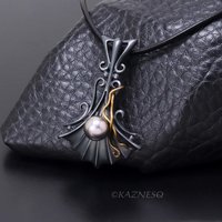 Goth style Black Oxidized Silver Pearl Pendant with Brass Vines
