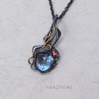 High Impact! Goth taste Silver Pendant with Rough-Cut Amethyst Backed by Paua Shell