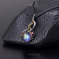 High Impact! Goth taste Silver Pendant with Rough-Cut Amethyst Backed by Paua Shell