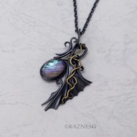Quartz lined with Paua Shell Oxidized Silver Goth style Wing Pendant Necklace