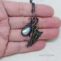 Quartz lined with Paua Shell Oxidized Silver Goth style Wing Pendant Necklace