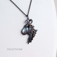 Quartz lined with Paua Shell Oxidized Silver Goth style Wing Pendant Necklace