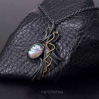 Quartz lined with Paua Shell Oxidized Silver Goth style Wing Pendant Necklace