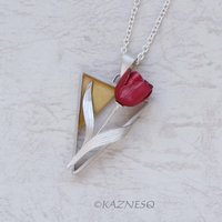 Perfect for Spring and Summer! Contemporary Silver Pendant with Red Tulip and Gold Accent