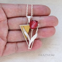 Perfect for Spring and Summer! Contemporary Silver Pendant with Red Tulip and Gold Accent