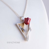 Perfect for Spring and Summer! Contemporary Silver Pendant with Red Tulip and Gold Accent