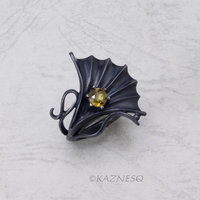 Ginkgo motif Goth style Oxidized Silver Ring with a Round Sphene