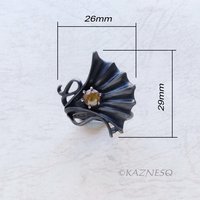 Ginkgo motif Goth style Oxidized Silver Ring with a Round Sphene