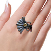 Ginkgo motif Goth style Oxidized Silver Ring with a Round Sphene