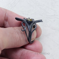 Ginkgo motif Goth style Oxidized Silver Ring with a Round Sphene