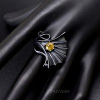 Ginkgo motif Goth style Oxidized Silver Ring with a Round Sphene