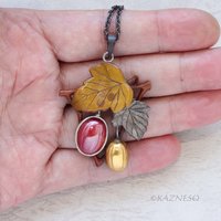 Traditional Japanese Techniques Hido and Iroage showcase Autumn Leaves and Fruit Necklace - Copper, Brass, and Shibuichi