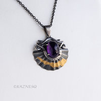 Gold Foil Overlaid oxidized silver Flared Mini Skirt Amethyst pendant Necklace