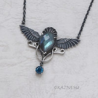 Dance of Green and Blue: Wings design Green Labradorite and London Blue Topaz Oxidized Silver Necklace
