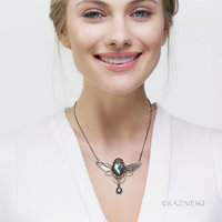 Dance of Green and Blue: Wings design Green Labradorite and London Blue Topaz Oxidized Silver Necklace