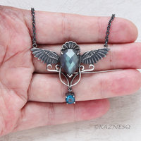 Dance of Green and Blue: Wings design Green Labradorite and London Blue Topaz Oxidized Silver Necklace