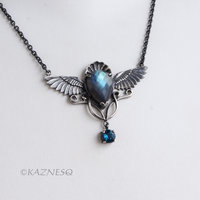 Dance of Green and Blue: Wings design Green Labradorite and London Blue Topaz Oxidized Silver Necklace
