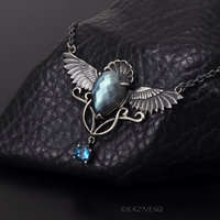 Dance of Green and Blue: Wings design Green Labradorite and London Blue Topaz Oxidized Silver Necklace
