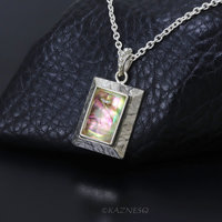 Alluring iridescence! : Rutilated Quartz with Paua Shell Rectangle Silver Pendant