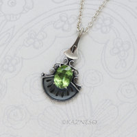 Add Green to your Casual Outfits! : Rutilated Peridot Art Deco inspired Oxidized Silver Pendant Necklace