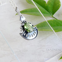 Add Green to your Casual Outfits! : Rutilated Peridot Art Deco inspired Oxidized Silver Pendant Necklace